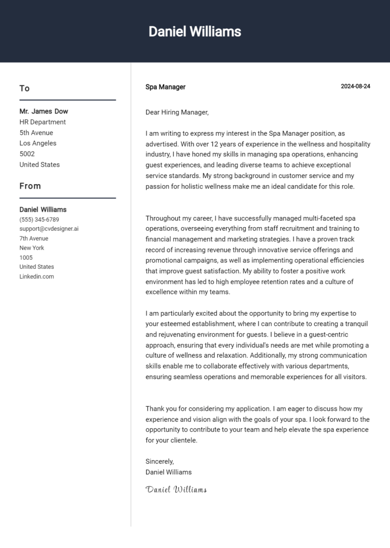 Spa Manager Cover Letter Example for 2025: Tips & Templates