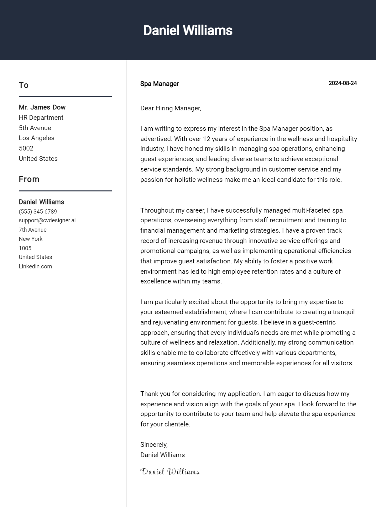 spa manager cover letter example