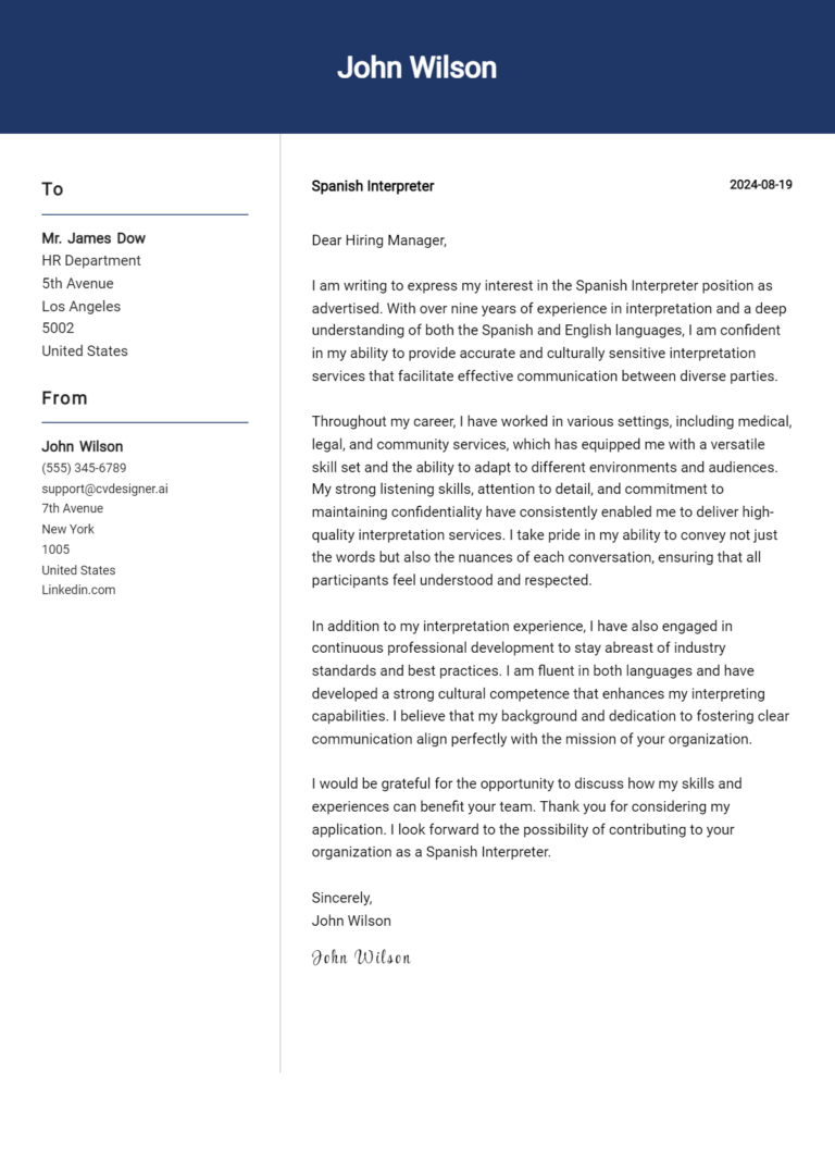 Spanish Interpreter Cover Letter Example for 2025: Tips & Templates