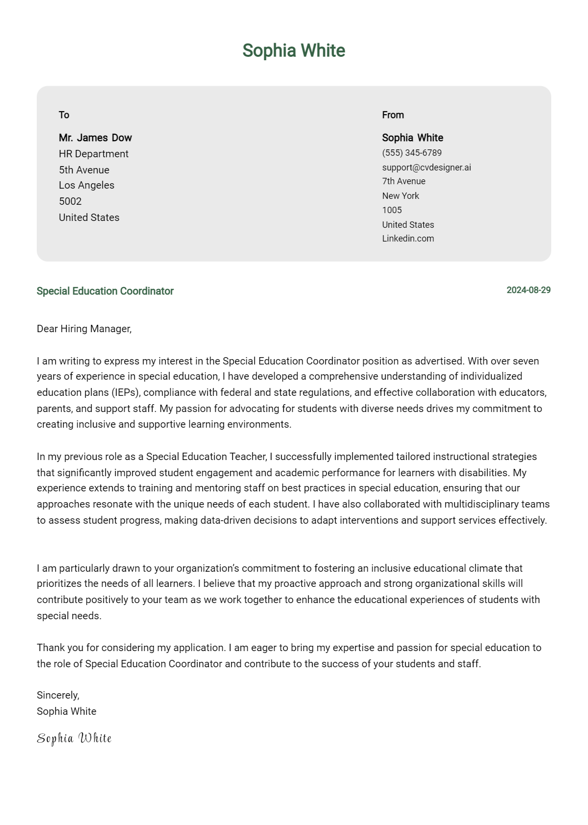 special education coordinator cover letter example