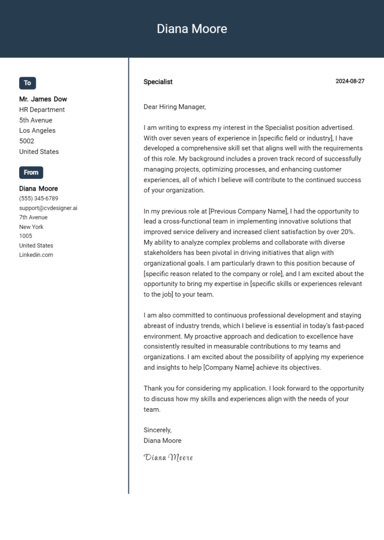 Specialist Cover Letter Example for 2025: Top CV Skills