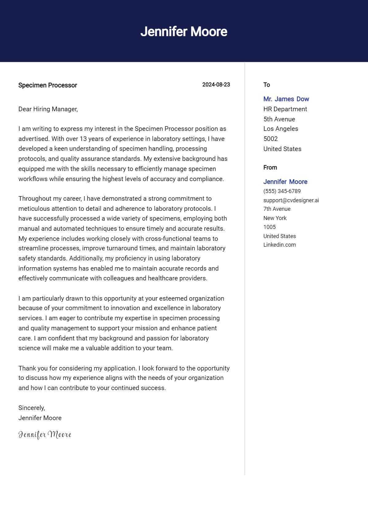 specimen processor cover letter example