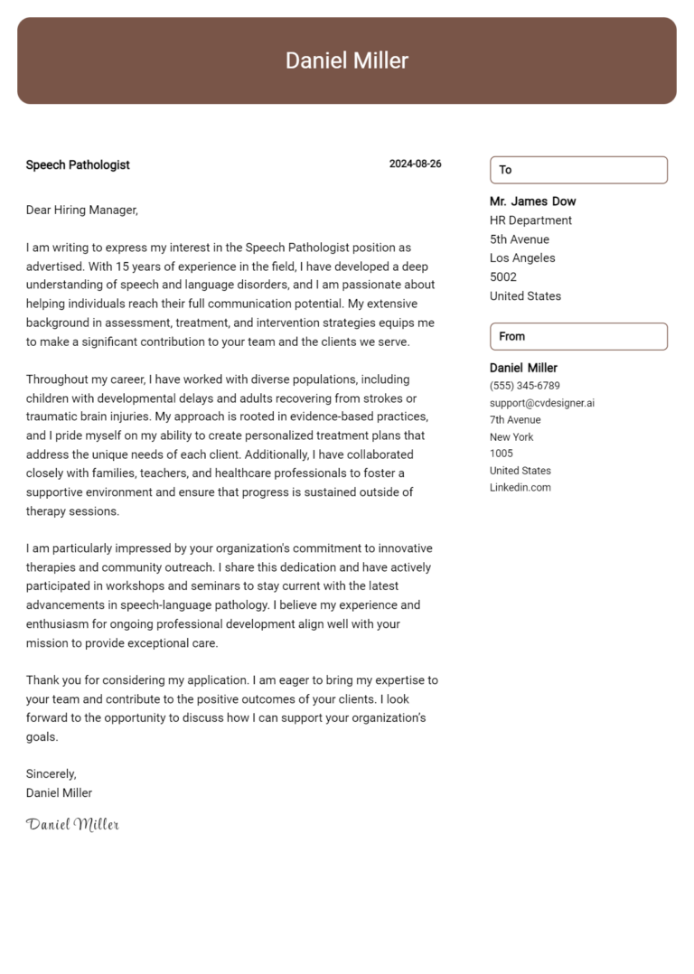 Speech Pathologist Cover Letter Examples & Samples for 2025