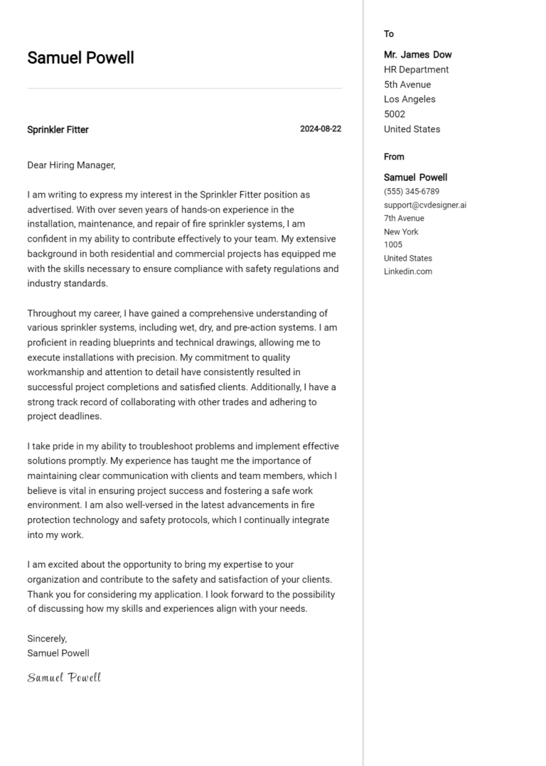 Sprinkler Fitter Cover Letter Examples with Writing Tips for 2025