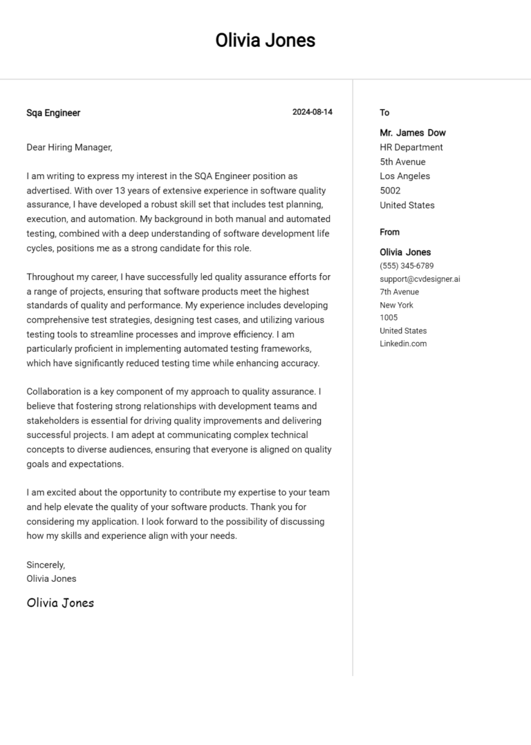 Sqa Engineer Cover Letter Examples and Templates for 2025