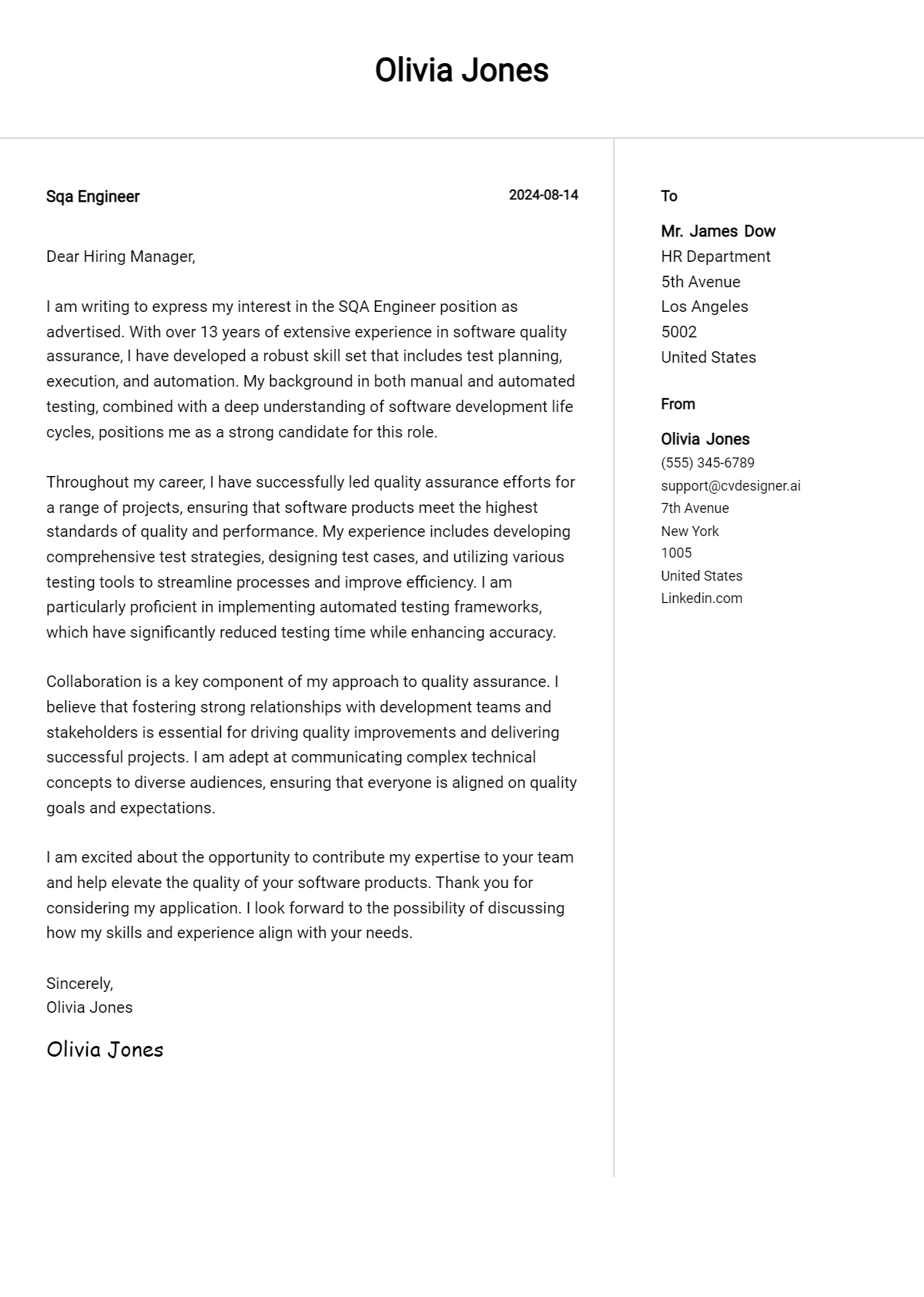 sqa engineer cover letter example