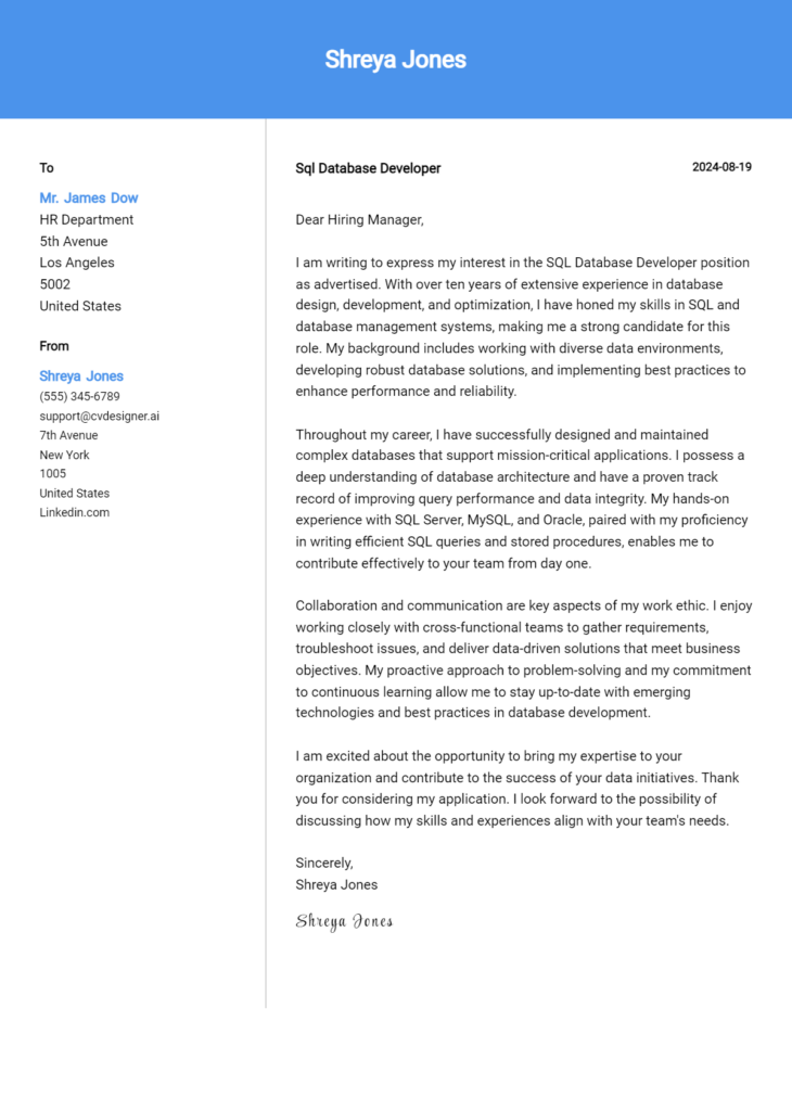 sql database developer cover letter example