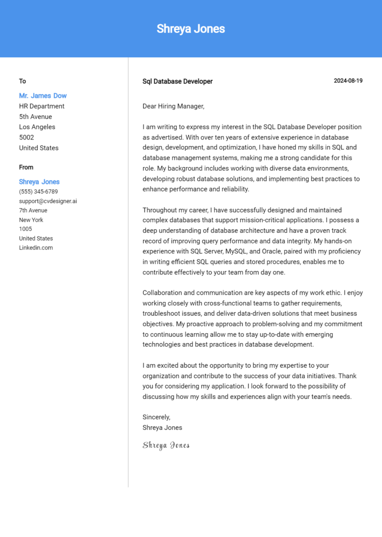 7 SQL Database Developer Cover Letter Example for 2025: Ultimate Guide