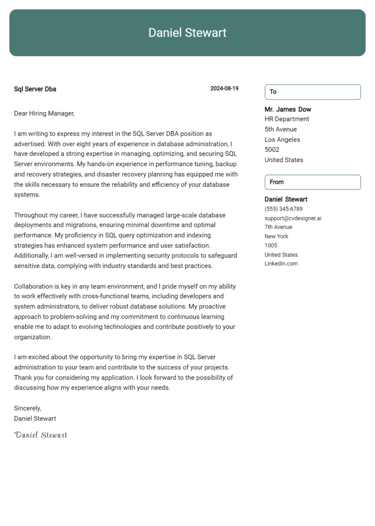 SQL Server DBA Cover Letter Examples and Templates for 2025