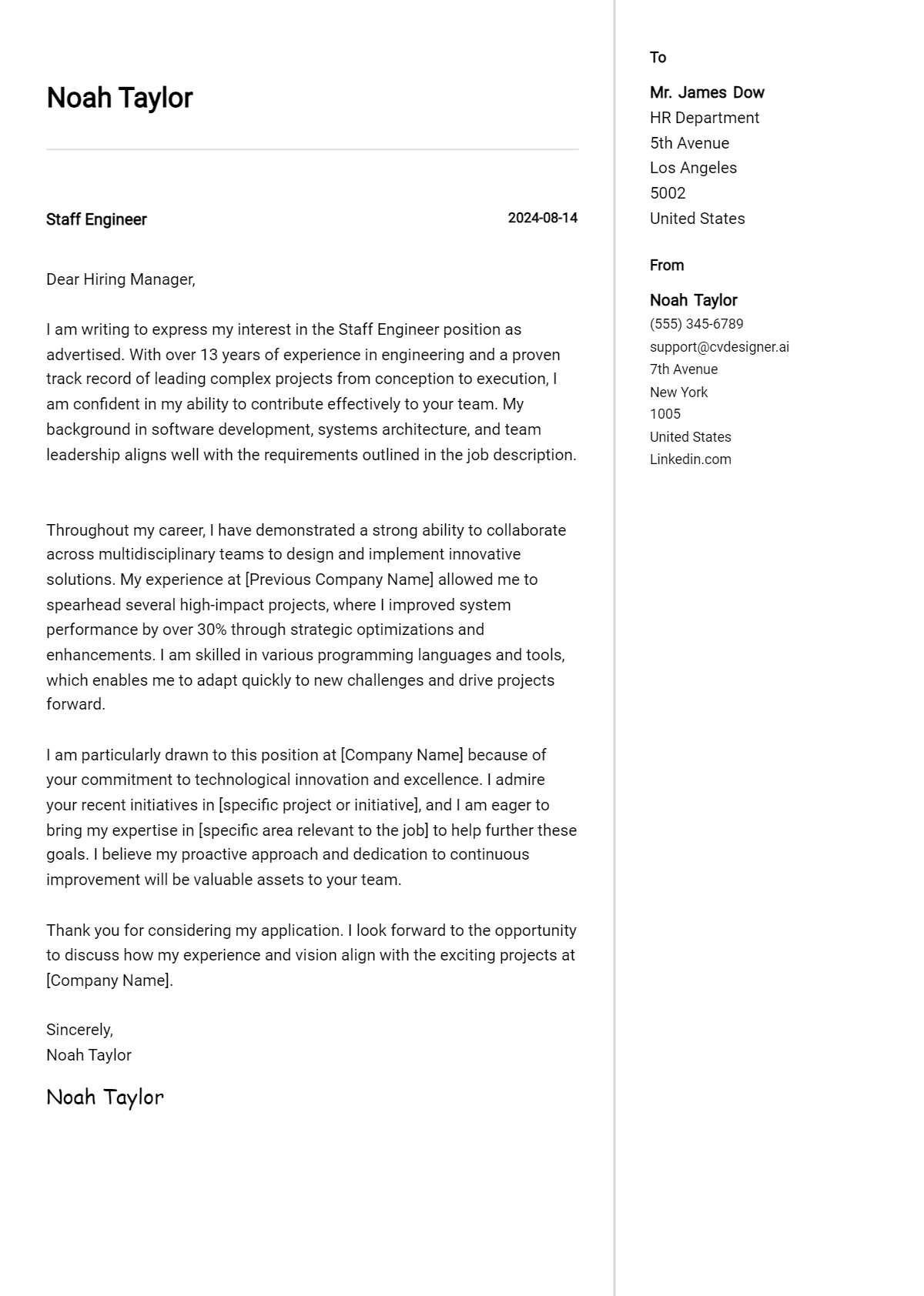 staff engineer cover letter example