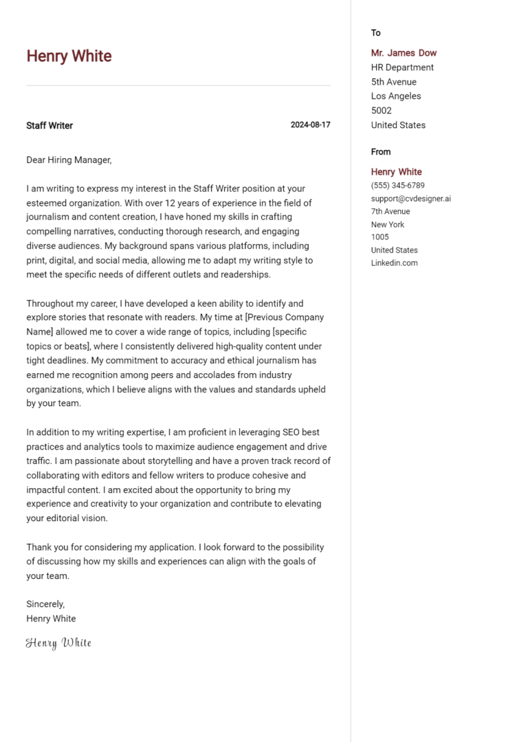 Staff Writer Cover Letter Samples & Examples 2025