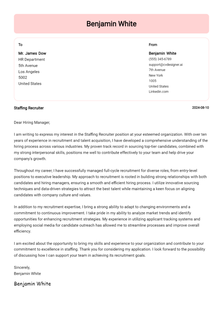 staffing recruiter cover letter example