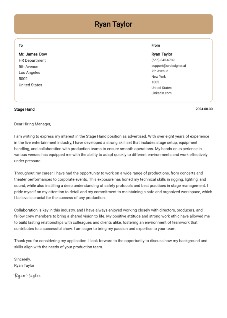 Stage Hand Cover Letter Example for 2025: Free Templates