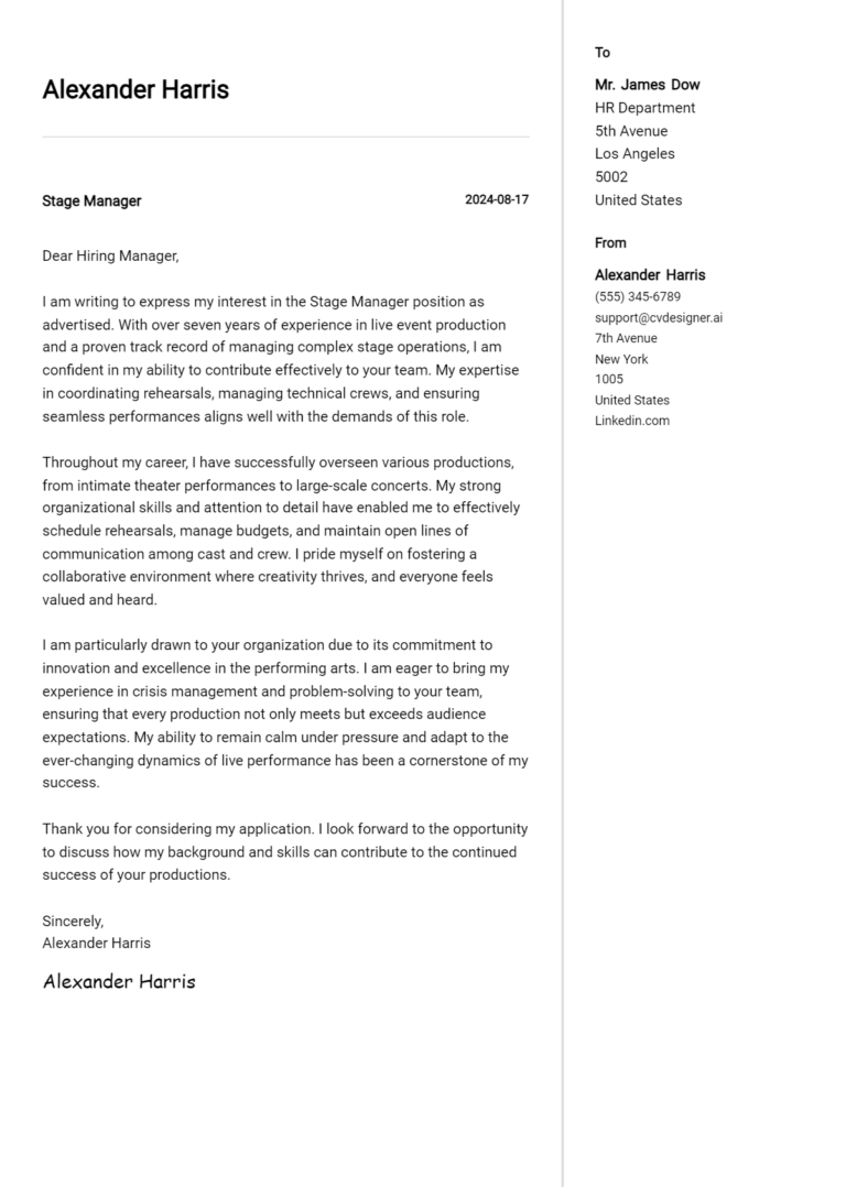 Stage Manager Cover Letter Example for 2025: Top CV Skills