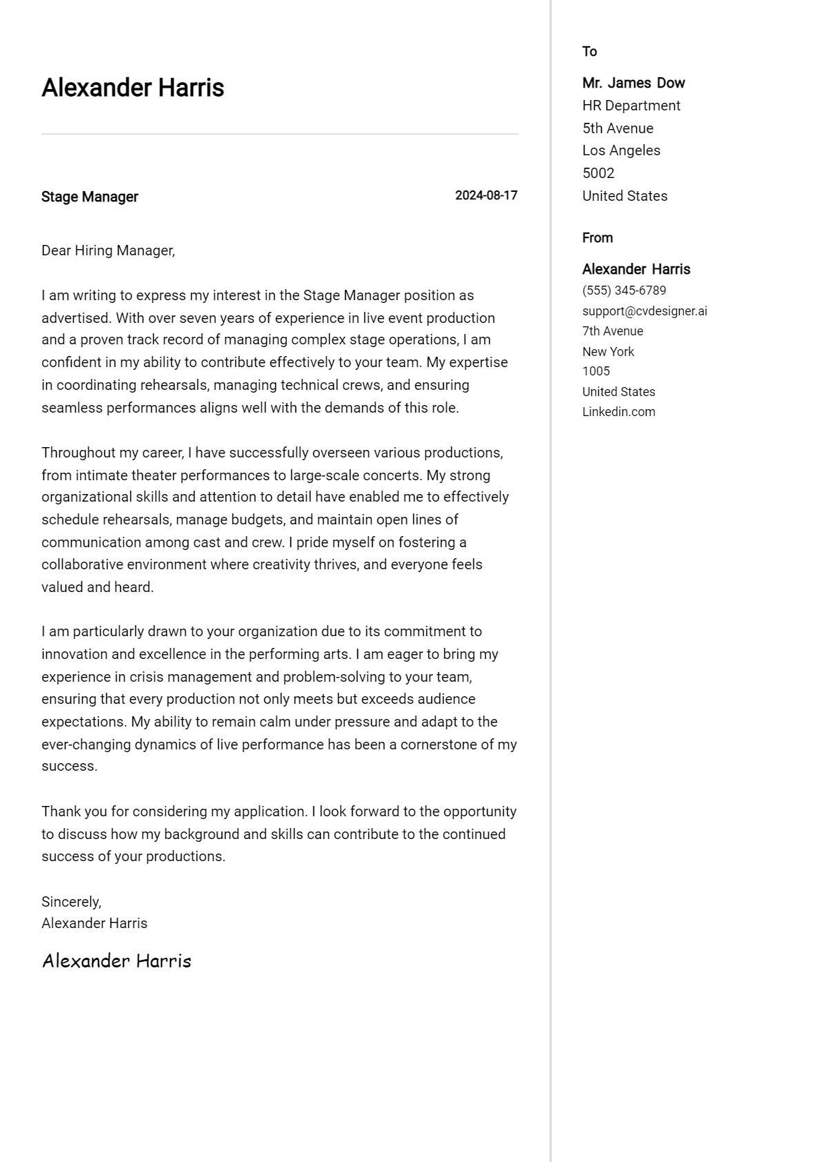 Stage Manager Cover Letter Example for 2024: Top CV Skills - CVDesigner.ai