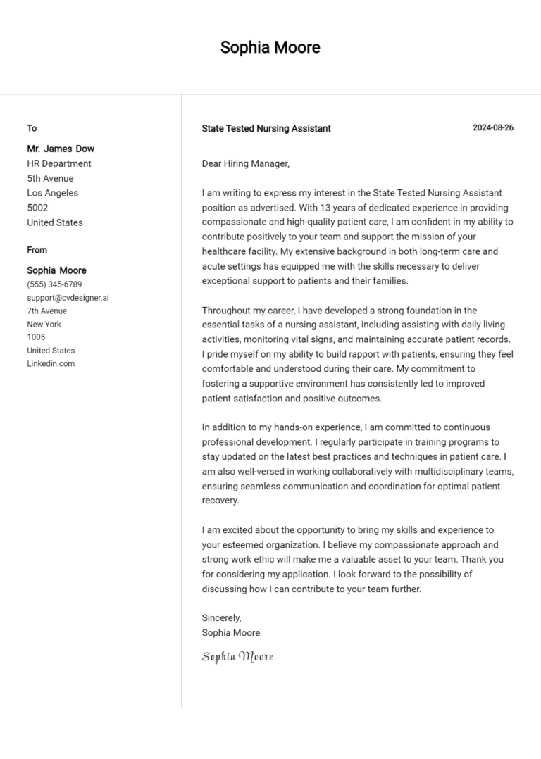 State Tested Nursing Assistant Cover Letter Examples & Samples for 2025