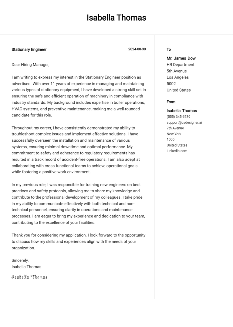 Stationary Engineer Cover Letter Samples & Examples 2025