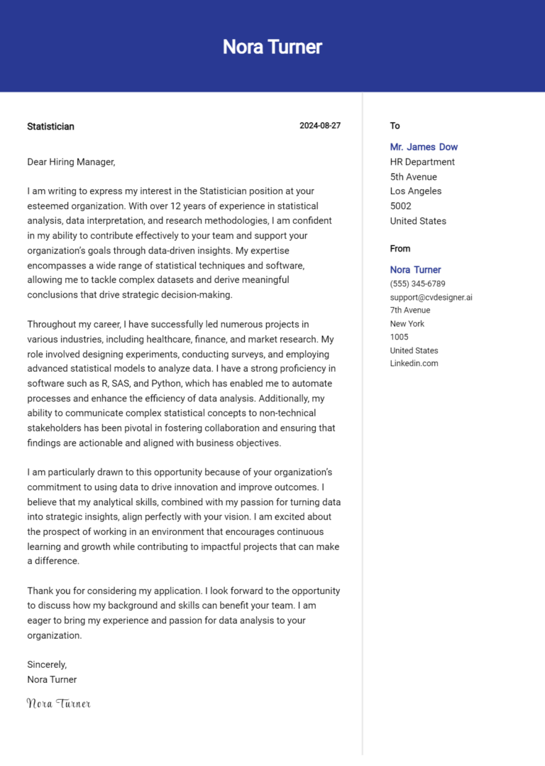 Statistician Cover Letter Example for 2025 (Writing Guide)