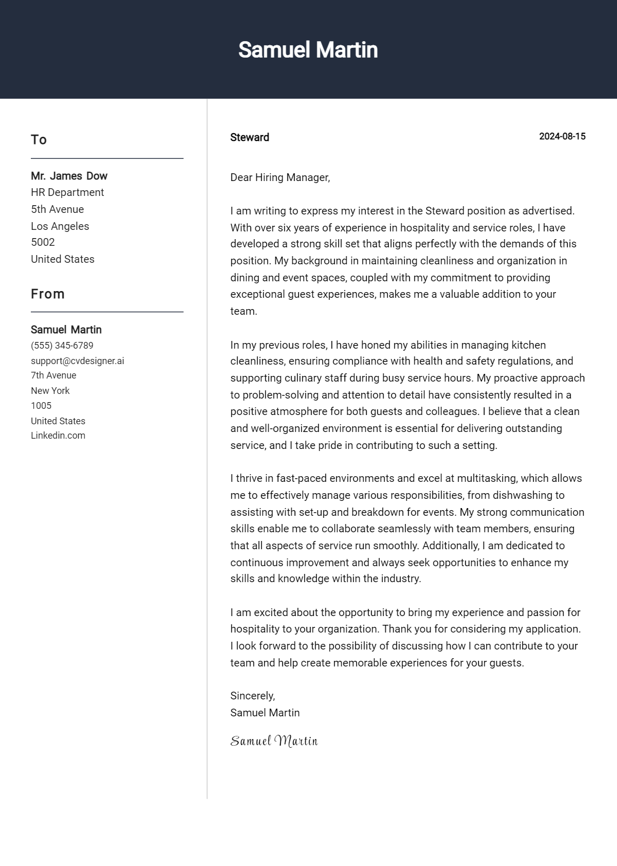 steward cover letter example