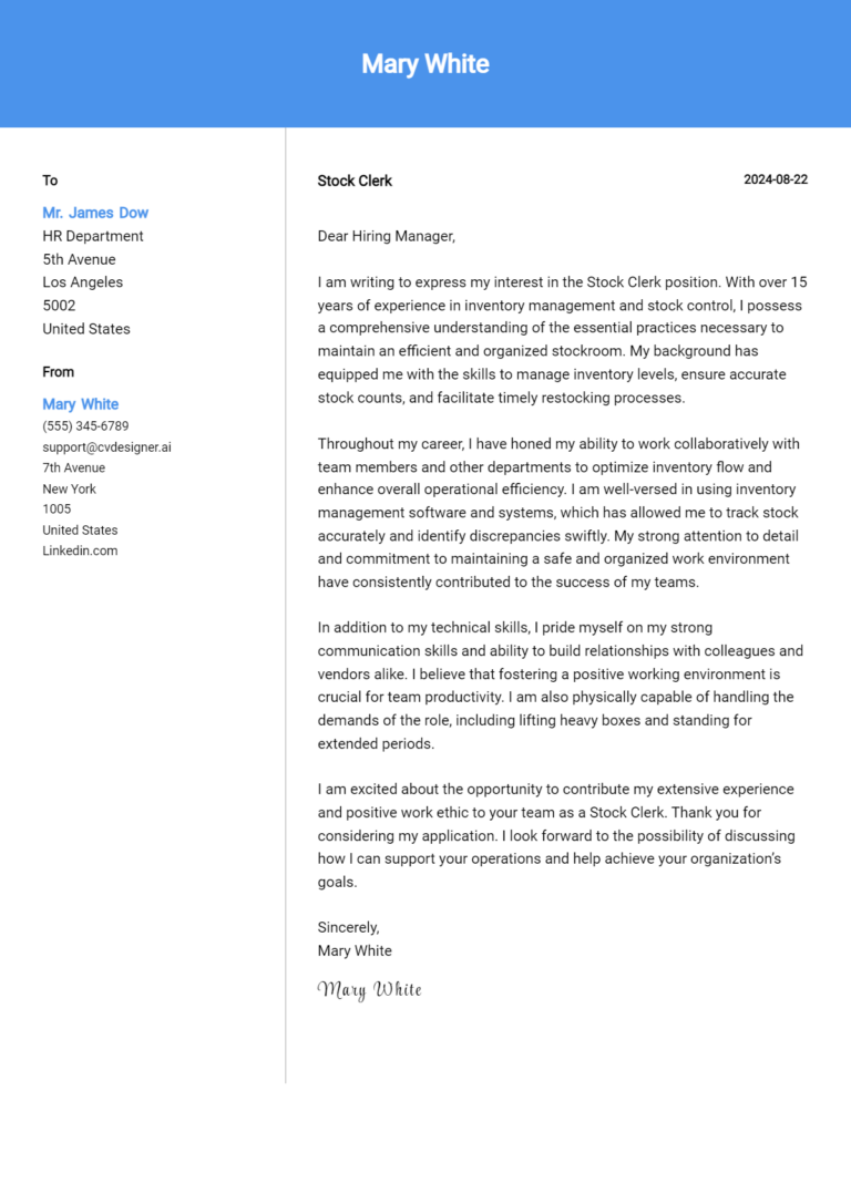 Stock Clerk Cover Letter Example for 2025: Proven Tips