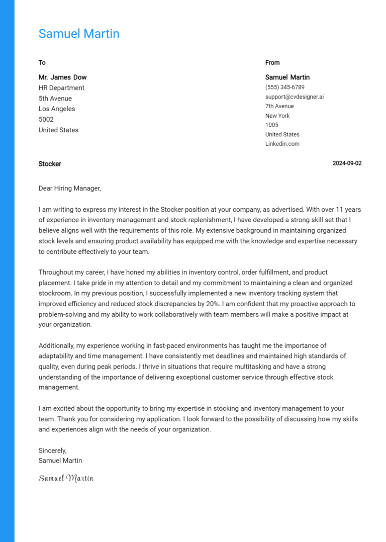 Stocker Cover Letter Example for 2025 (Free Templates)