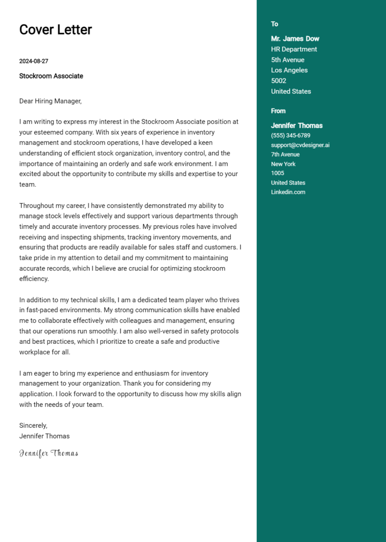 Stockroom Associate Cover Letter Example for 2025: Free Templates 1 Stockroom Associate Cover Letter Example for 2025: Free Templates