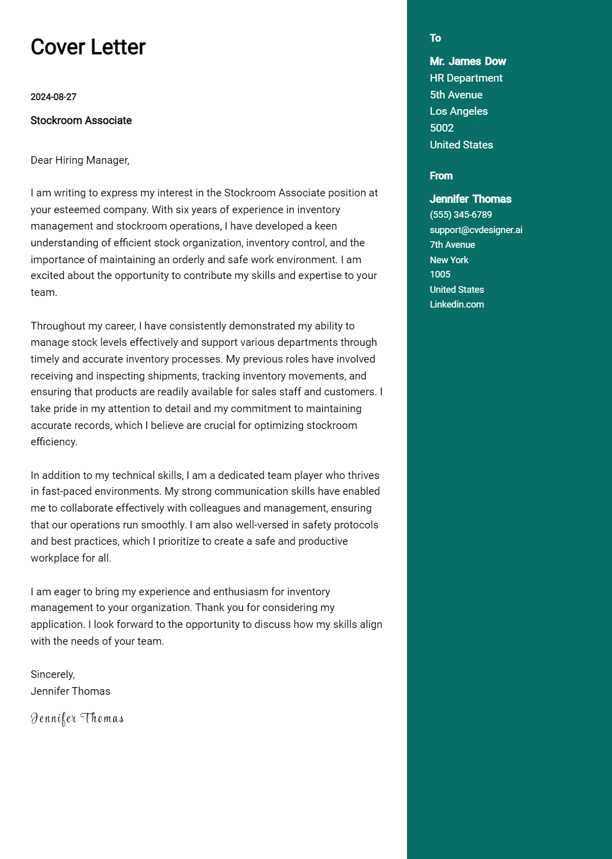stockroom associate cover letter example