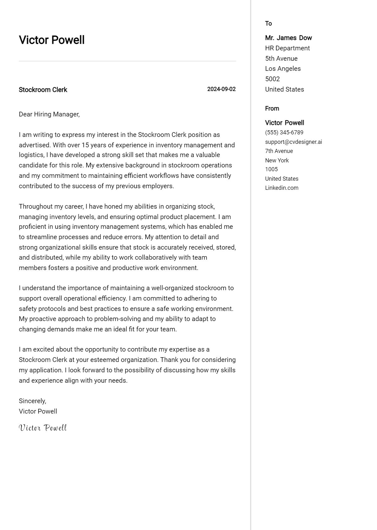stockroom clerk cover letter example