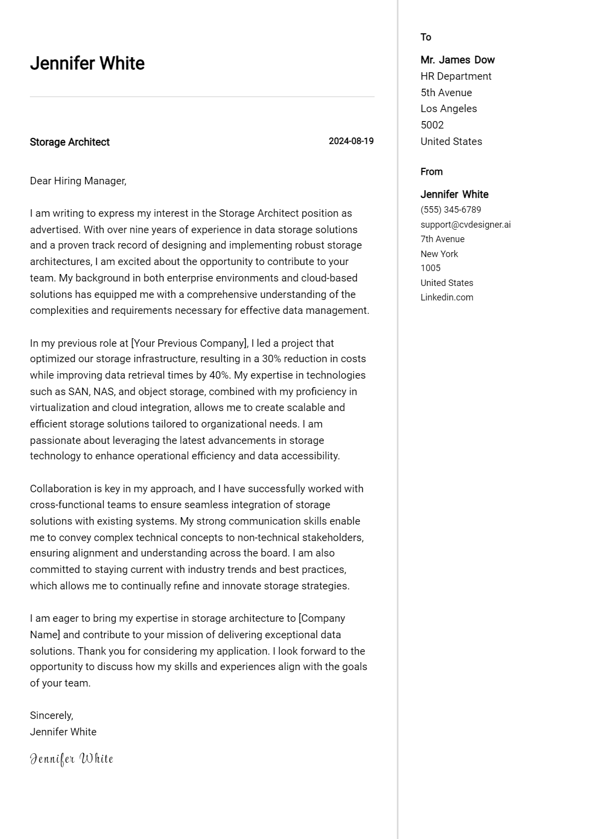 storage architect cover letter example