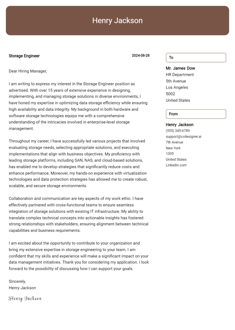 Storage Engineer Cover Letter Samples & Examples 2025