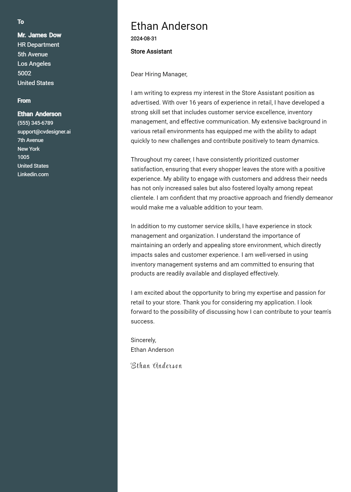 store assistant cover letter example