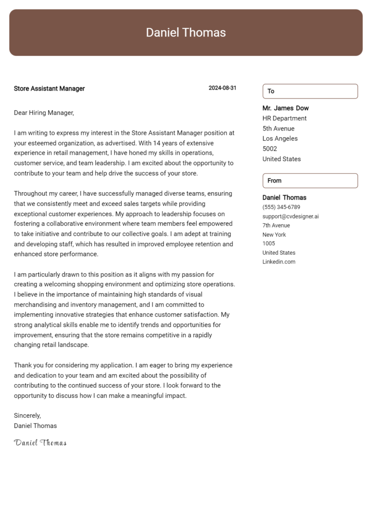 Store Assistant Manager Cover Letter Example for 2025: Proven Tips