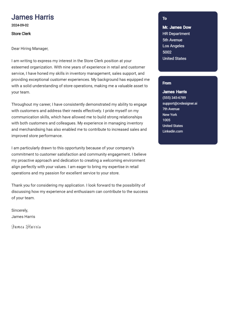 Store Clerk Cover Letter Example for 2025: Ultimate Guide