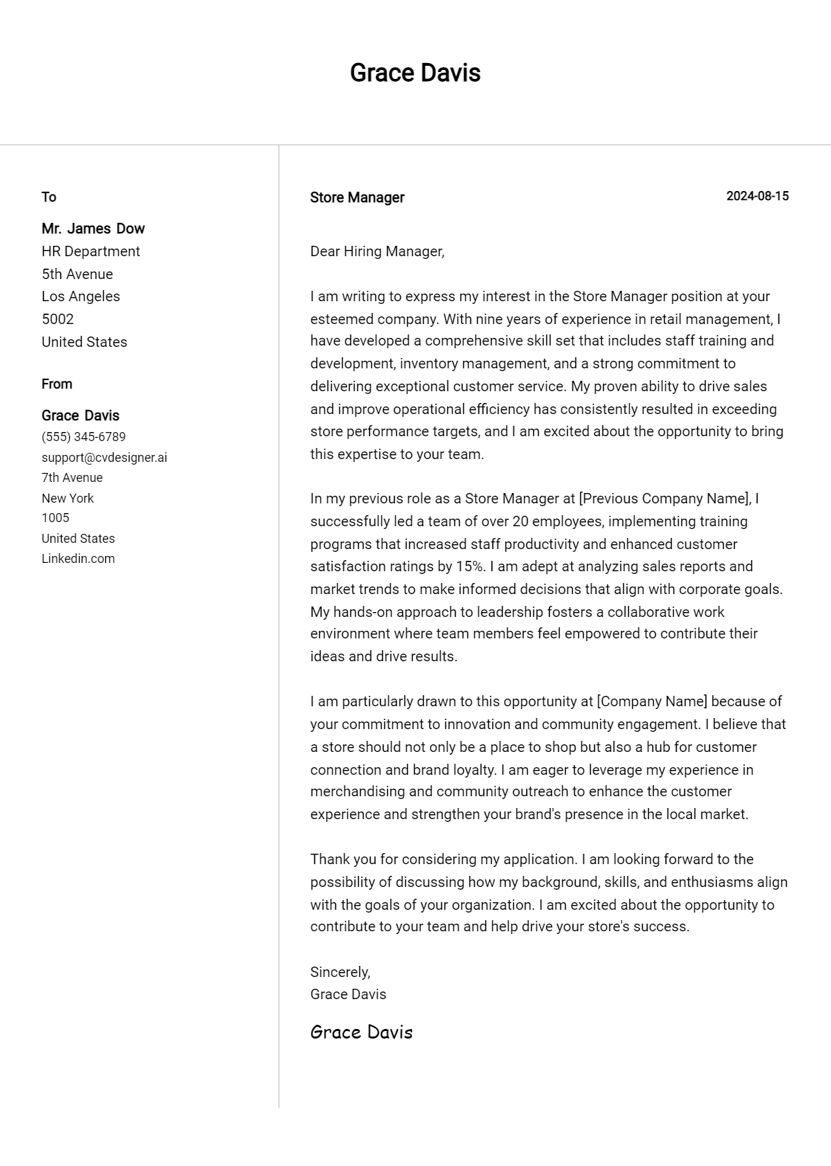 store manager cover letter example