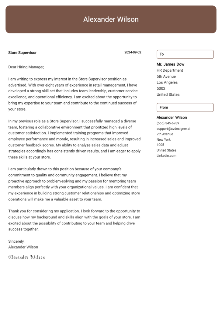 store supervisor cover letter example