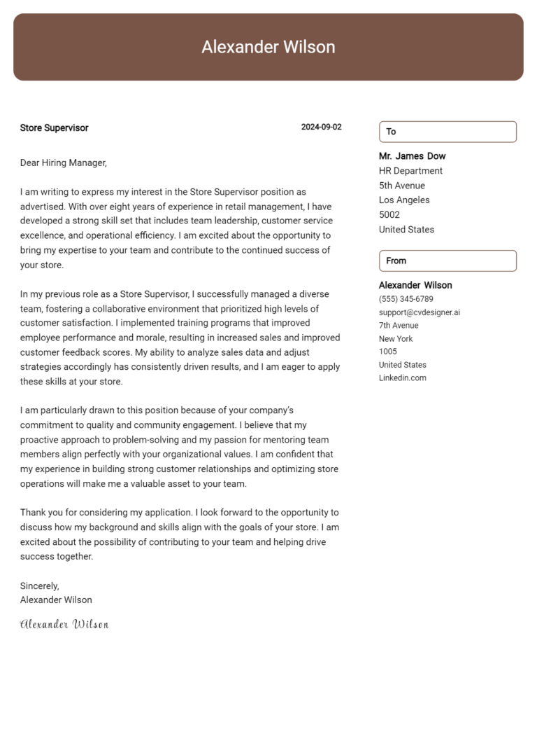 Store Supervisor Cover Letter Example for 2025 (Complete Writing Guide)