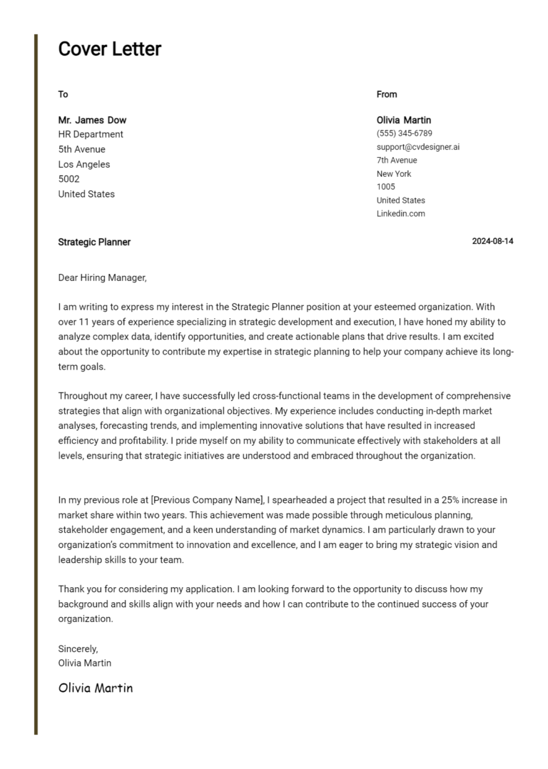 Strategic Planner Cover Letter Example for 2025: Proven Tips