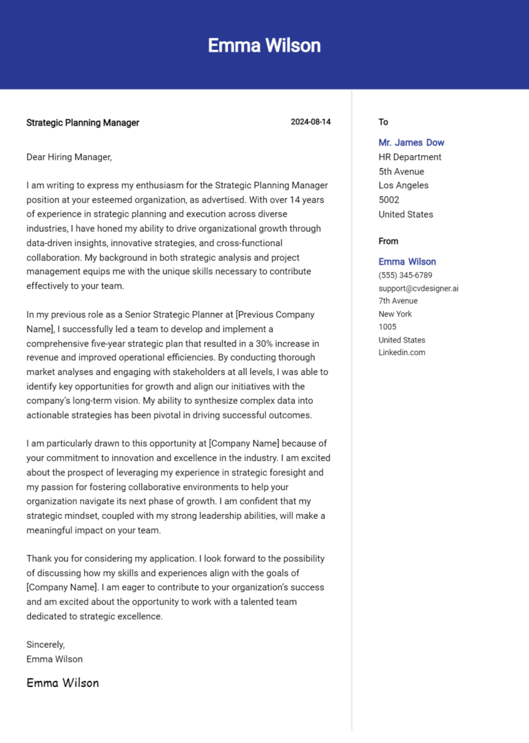 Strategic Planning Manager Cover Letter Example for 2025 (Writing Guide)