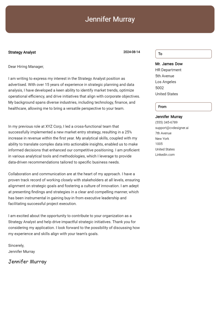 Strategy Analyst Cover Letter Example for 2025: Tips & Templates 1 Strategy Analyst Cover Letter Example for 2025: Tips & Templates