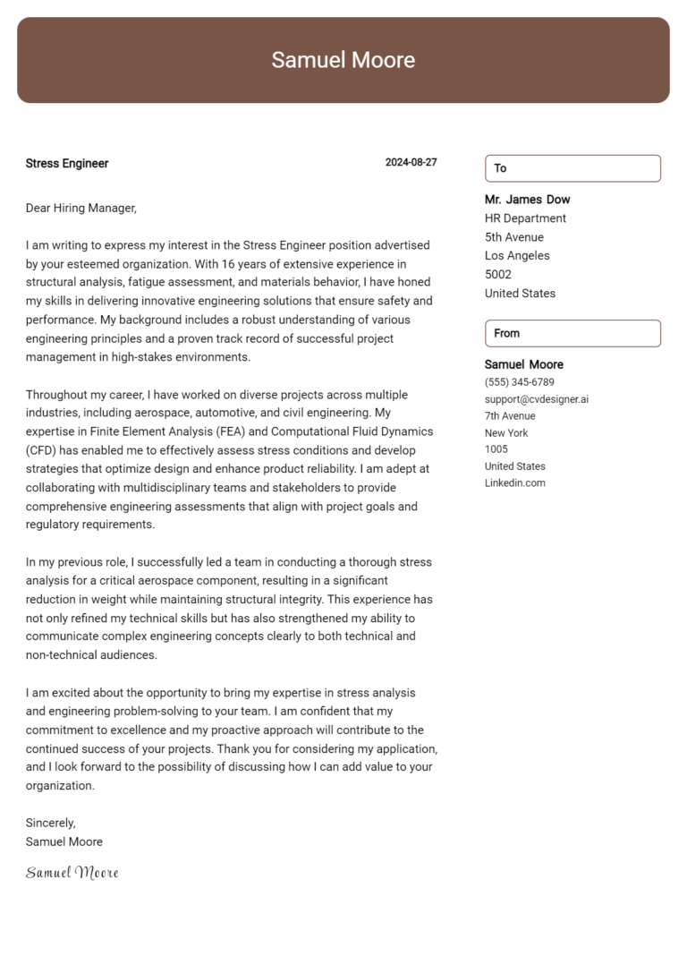 Stress Engineer Cover Letter Example for 2025: Proven Tips