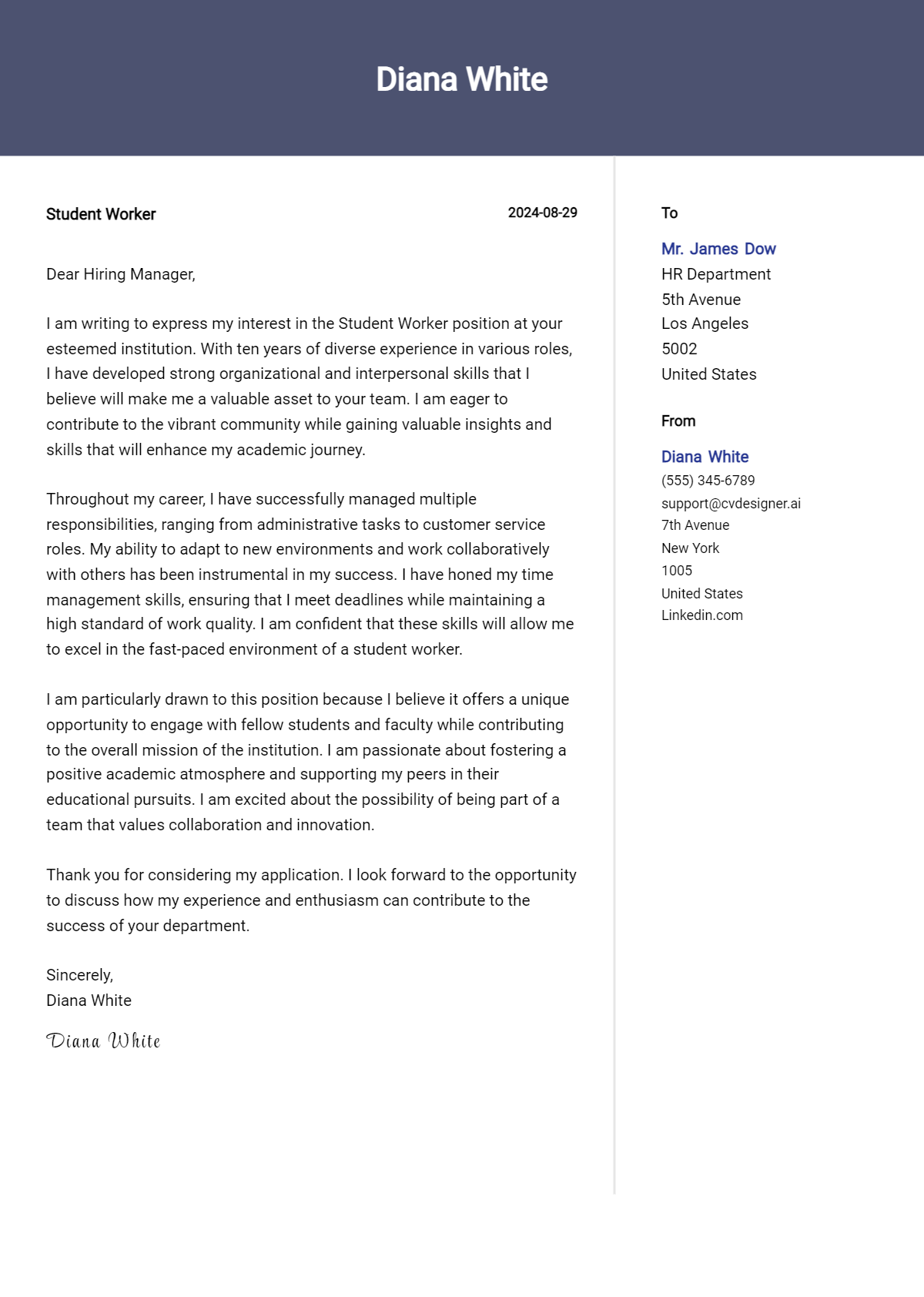 student worker cover letter example