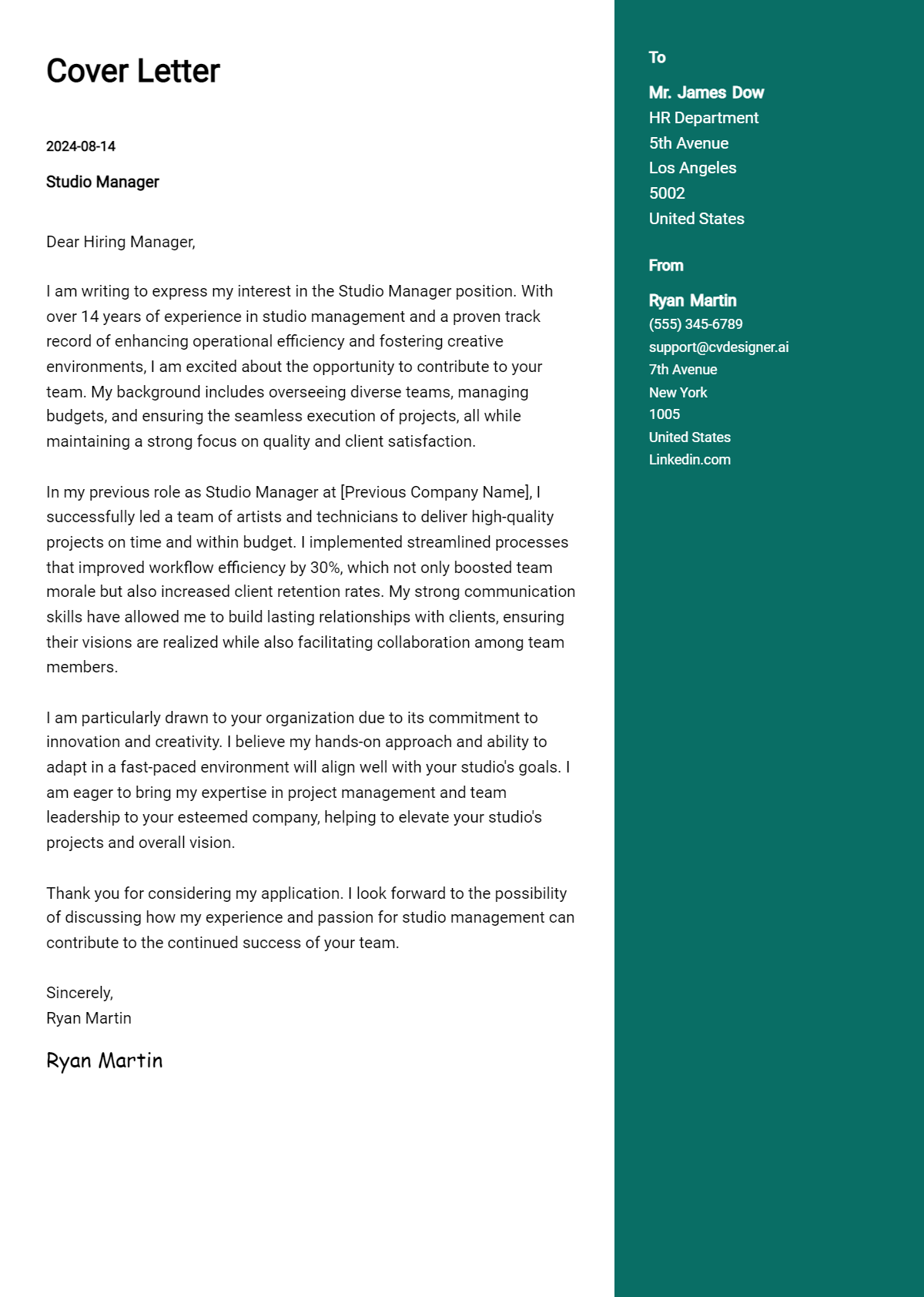 studio manager cover letter example