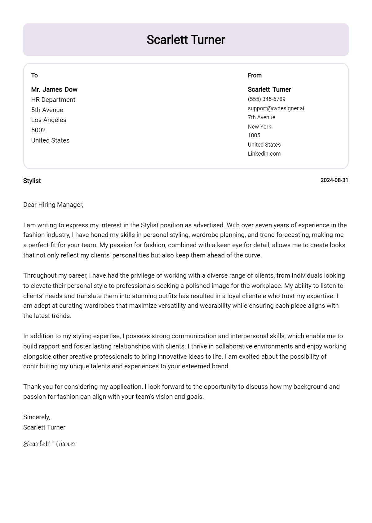 stylist cover letter example