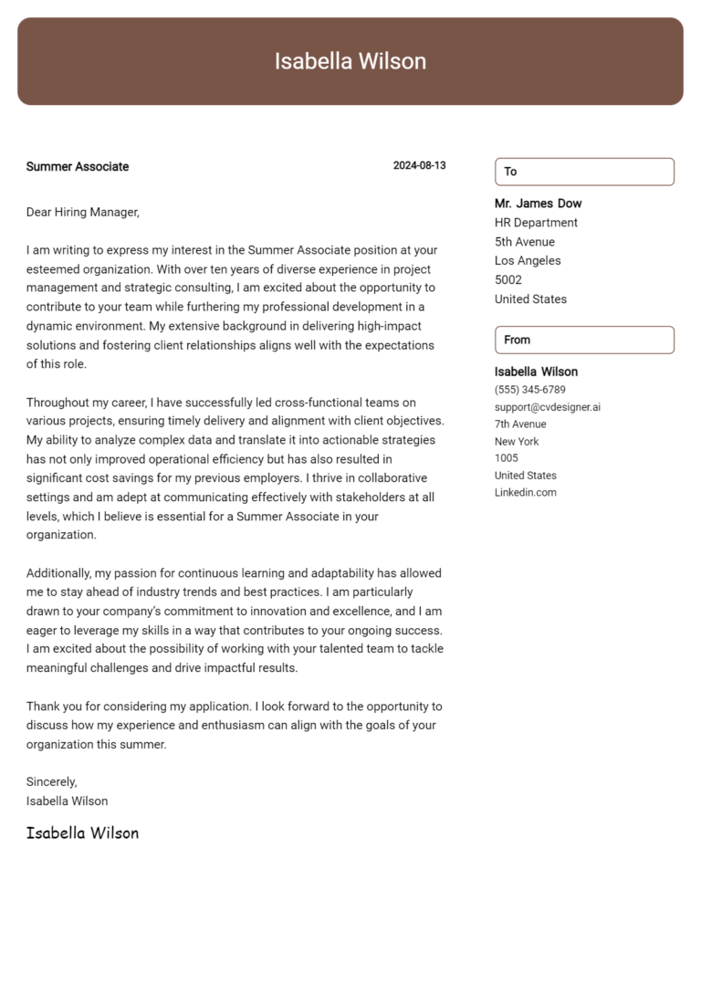 Summer Associate Cover Letter Example for 2025: Proven Tips