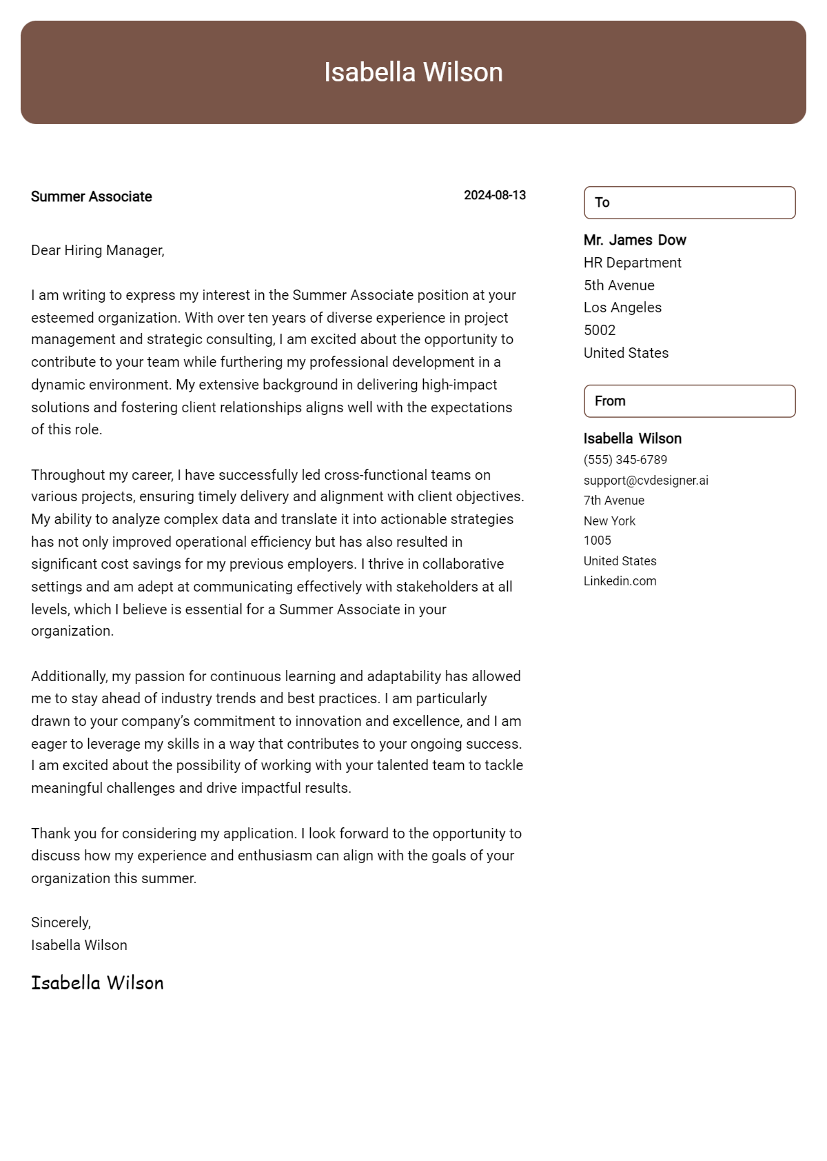 summer associate cover letter example