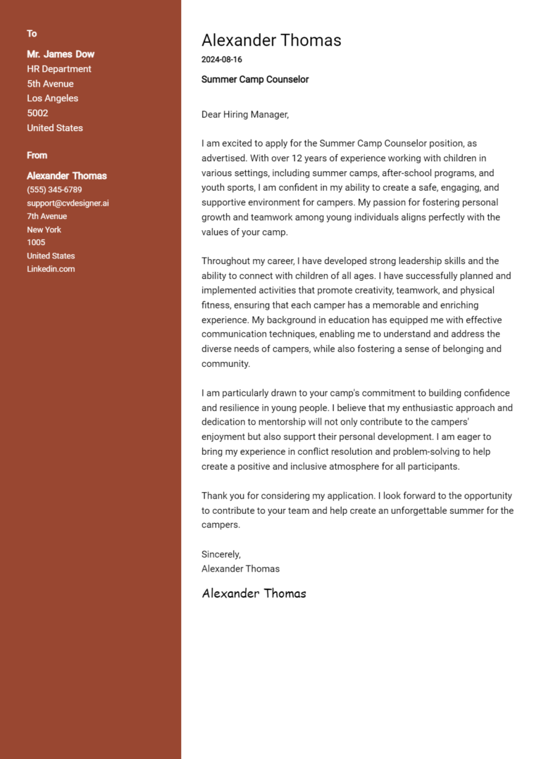 Summer Camp Counselor Cover Letter Example for 2025 (Writing Guide)