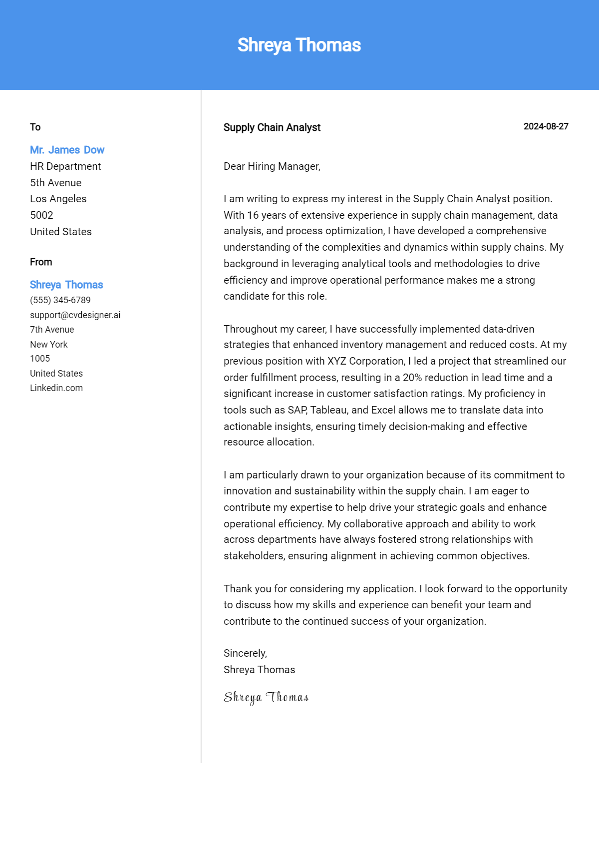 supply chain analyst cover letter example