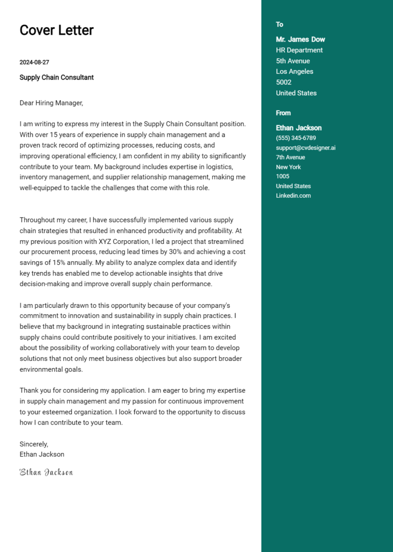 Supply Chain Consultant Cover Letter Example for 2025 (Download Templates)