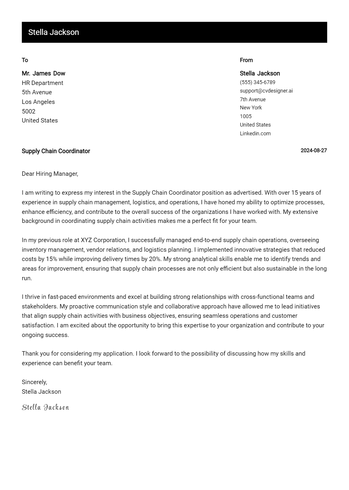 supply chain coordinator cover letter example