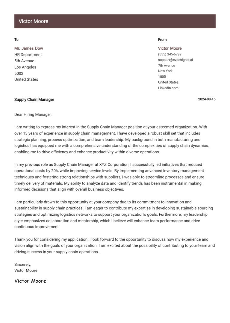 Supply Chain Manager Cover Letter Examples and Templates for 2025